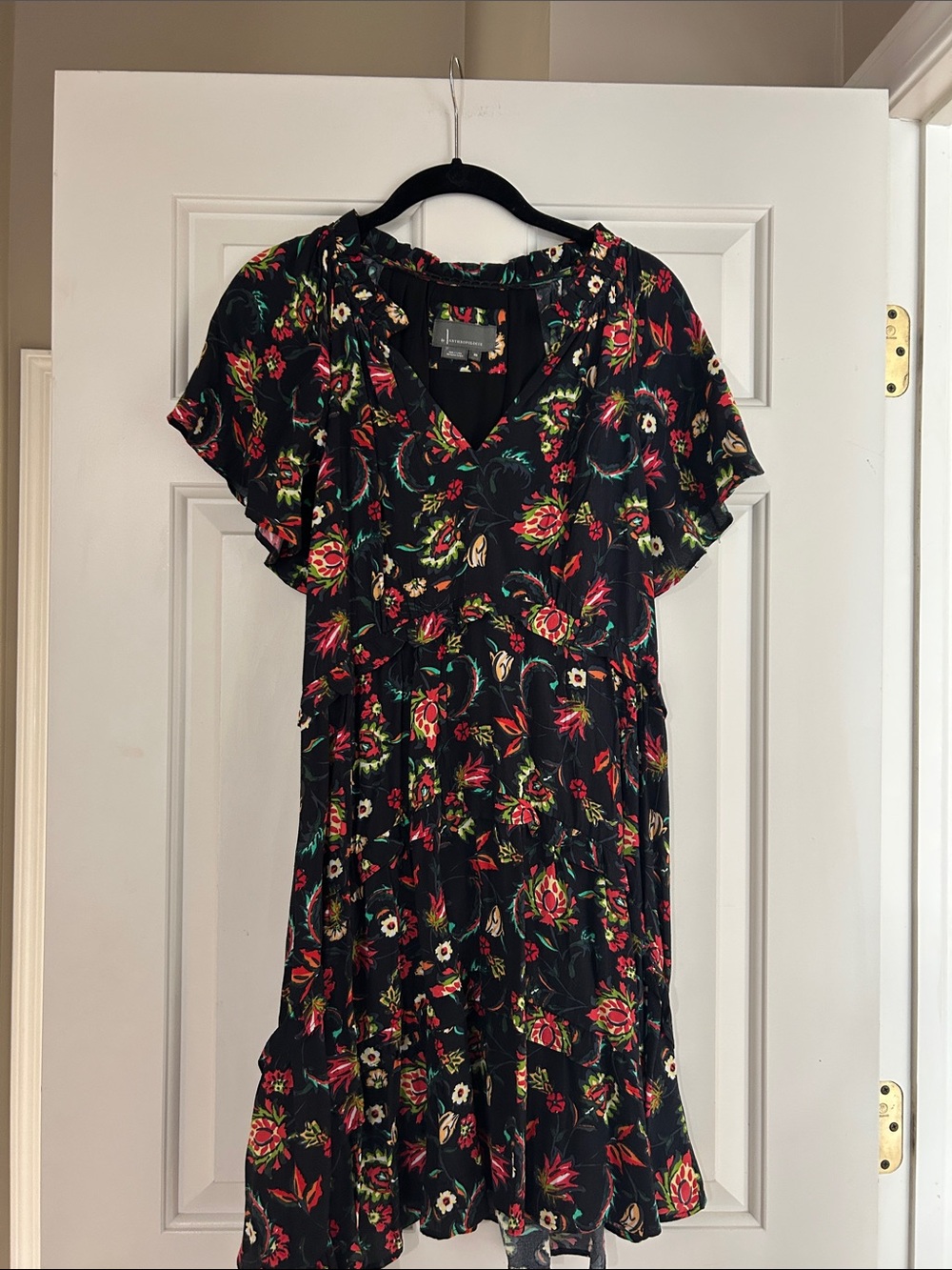 Anthropologie Black Floral Tiered Short Dress with Red & Green Accents